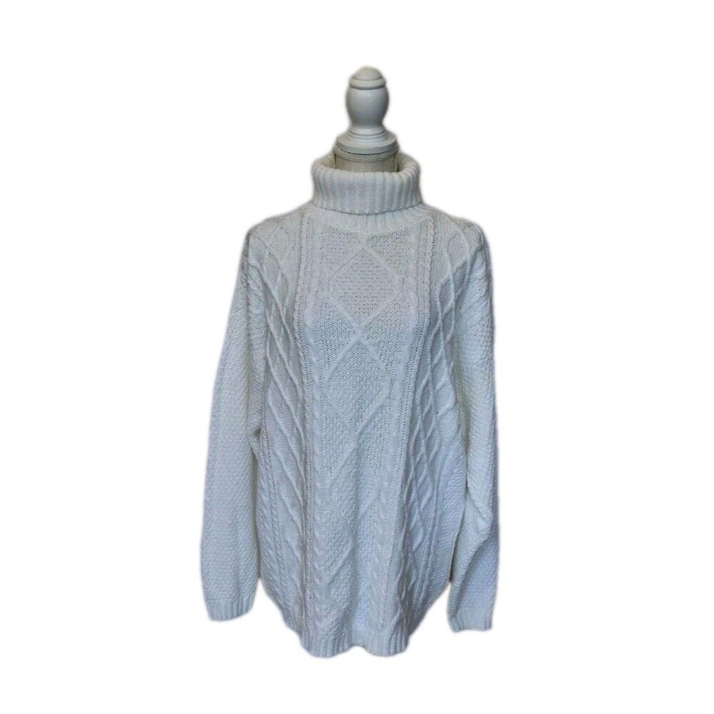 Vtg Cherokee Ivory Cable Knit 100% Cotton Longline Turtleneck Sweater Size L